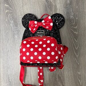 Disney Loungefly  Minnie Mouse Polka Dot Sequin Backpack - Black and Red